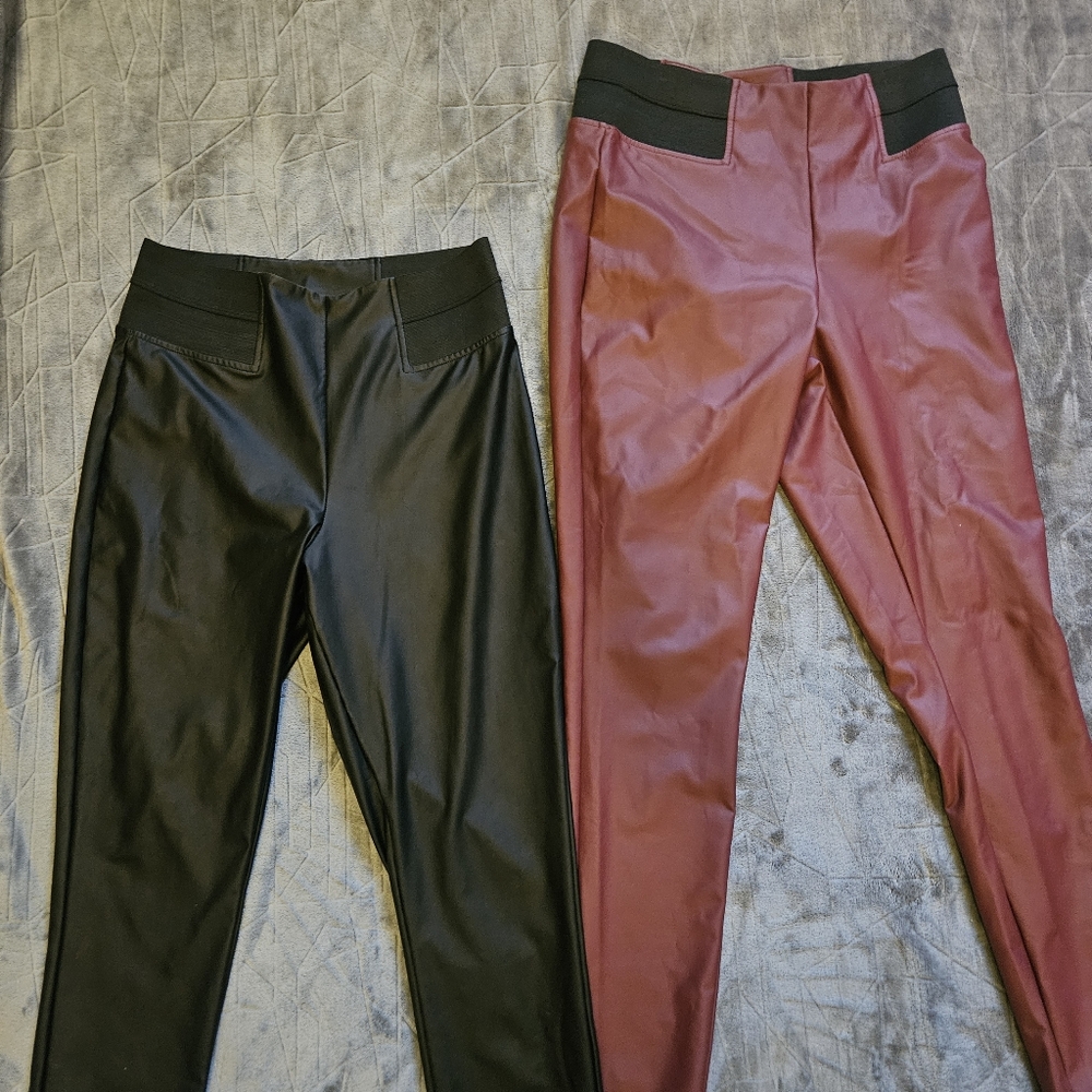 Pair or faux leather, stretchy, fleece lined pants.